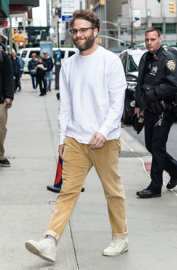 White Crewneck Sweatshirt, Nerd Outfits Ideas With Beige Casual Trouser, Normcore Outfits Men: 