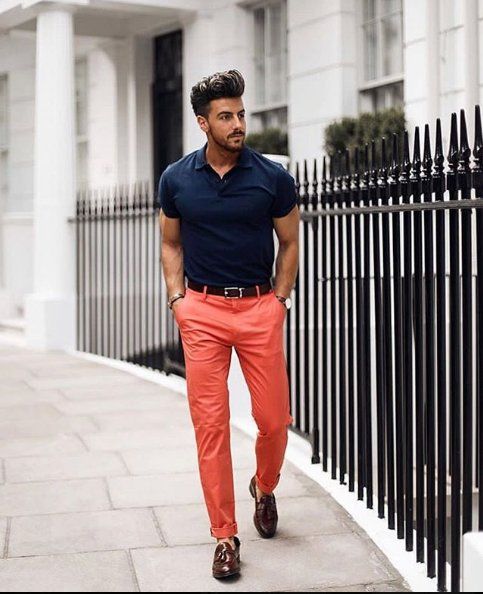 Dark Blue And Navy Polo-shirt, Semi Formal Fashion Ideas With Orange Casual Trouser, Orange Pants Men's: 