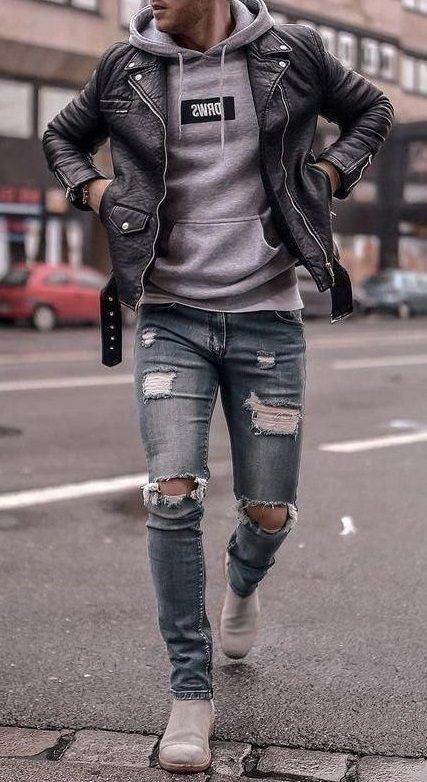 Light Blue Casual Trouser, Men's Ripped Jeans Wardrobe Ideas With Brown Biker Jacket, Kleidung Männer Style: 