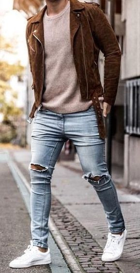 Light Blue Jeans, Ripped Jeans Outfits Ideas With Brown Biker Jacket ...
