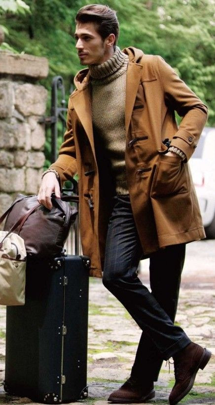 Brown Trench Coat, Turtleneck Wardrobe Ideas With Black Suit Trouser, Men's Roll Neck Style: 