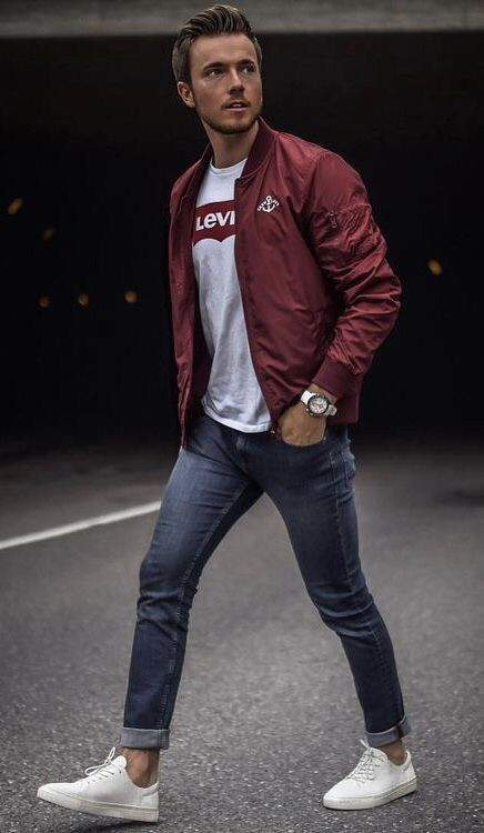 Grey Casual Trouser, Stylish Outfits Ideas With Red Bomber Jacket, Maroon Denim Jacket Combination: 