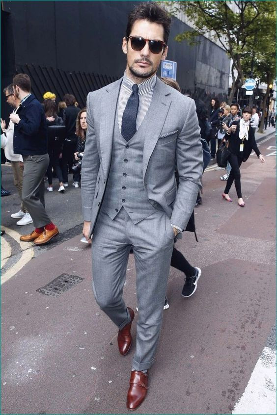 Grey Denim Shirt, Men's Suit Fashion Tips With Grey Sweat Pant, Grey 3 Piece Suit: 