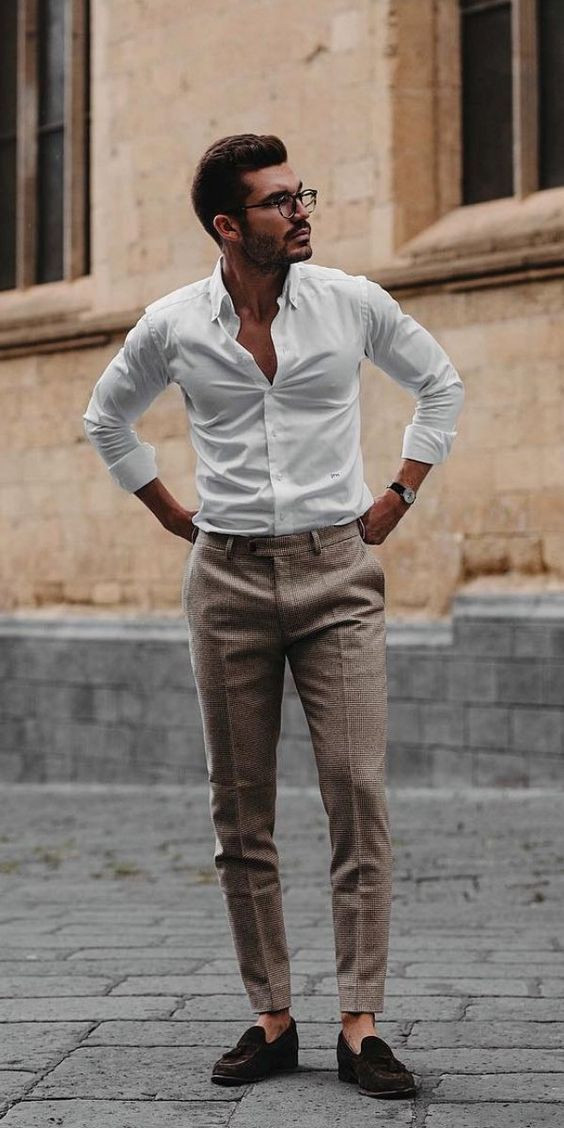 Beige Formal Trouser, Outfits Ideas With White Shirt, Classic Outfits Mens  | Casual wear, men's style,