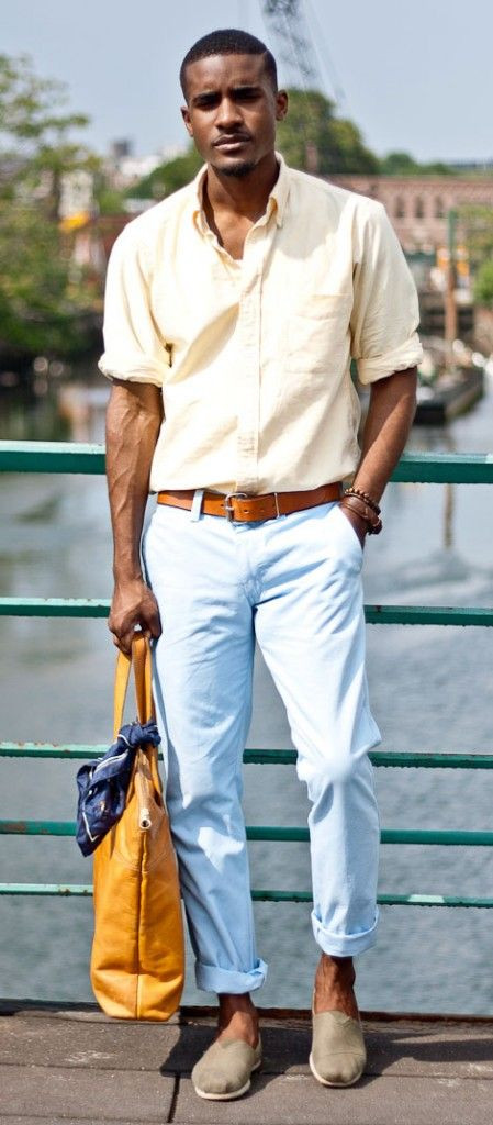 Beige Shirt, Men's Pastel Fashion Outfits With Light Blue Casual Trouser, Hot Weather Outfit Men: 