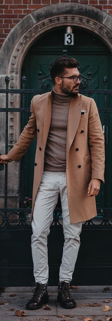 Beige Winter Coat, Turtleneck Fashion Wear With Grey Jeans, Hipster Men's Winter Fashion: 