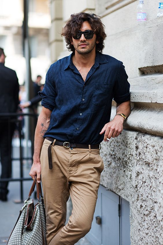 Dark Blue And Navy Shirt, Men Shirts Outfit Designs With Beige Pants ...
