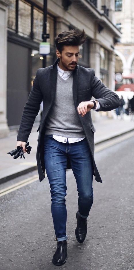 Dark Blue And Navy Casual Trouser, Stylish Fashion Ideas With Grey Wool Coat, Male Black Chelsea Boots Outfit: 