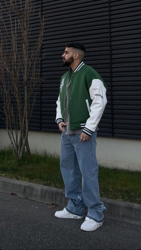 Light Blue Casual Trouser, College Fashion Tips With Green Baseball Jacket, Jeans: 