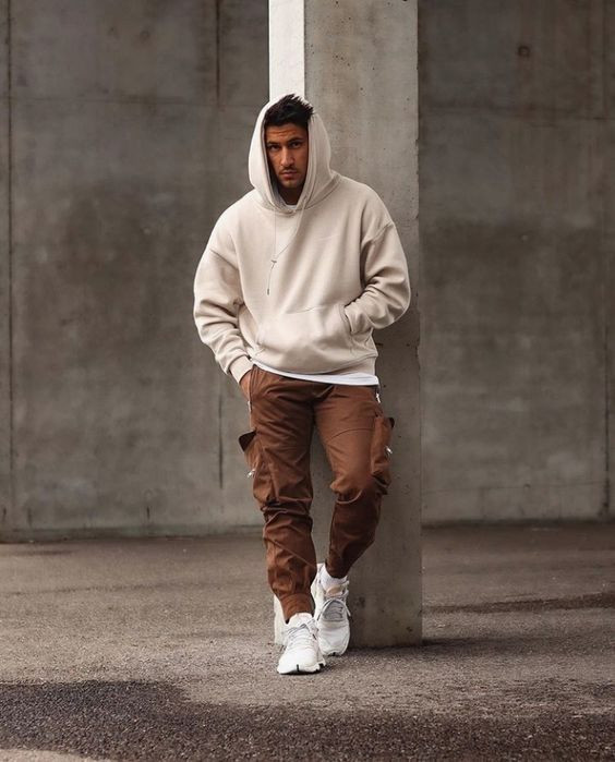 Beige Hoody, Winter Outfits Ideas With Brown Leather Trouser, White Shoe: 