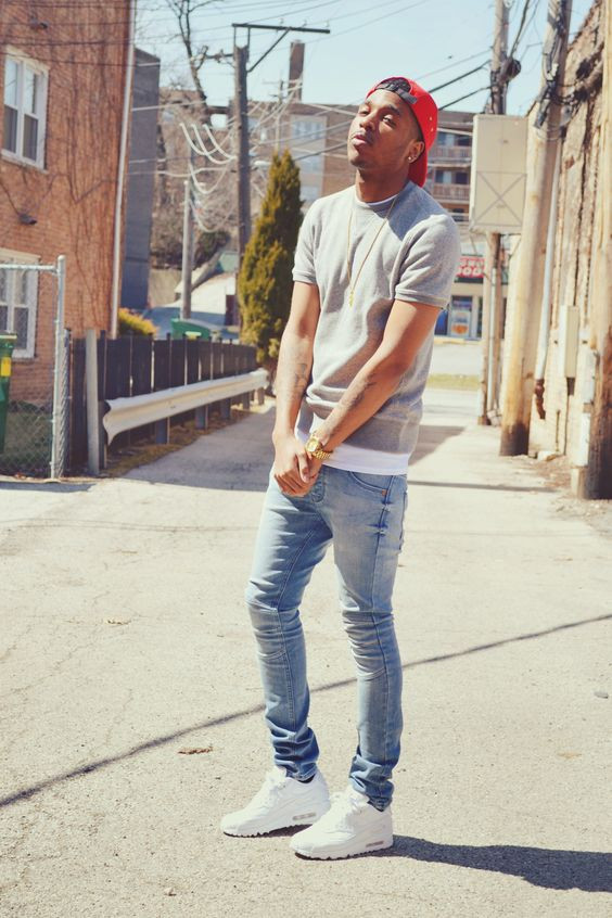 Grey T-shirt, Guys School Outfits Ideas With Light Blue Casual Trouser, Air Max 90 With Jeans | Road nike air max 90 denim,