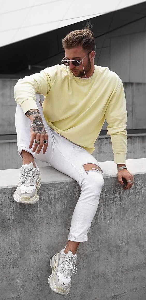 Yellow Sweater, Men's Pastel Clothing Ideas With White Sweat Pant, Jeans: 