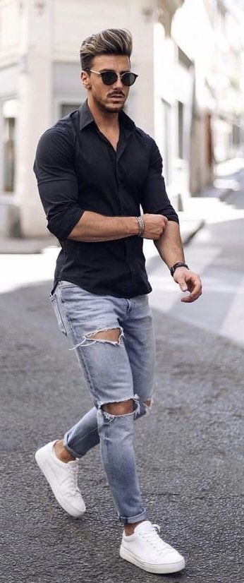 Light Blue Sweat Pant, Ripped Jeans Fashion Wear With Black Shirt, Black Shirt Outfit Men: 