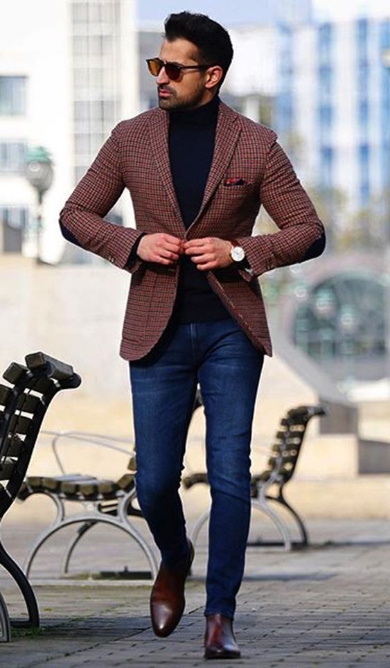 Brown Suit Jackets And Tuxedo, Turtleneck Wardrobe Ideas With Dark Blue And Navy Casual Trouser, Classic Modern Men's Fashion: 