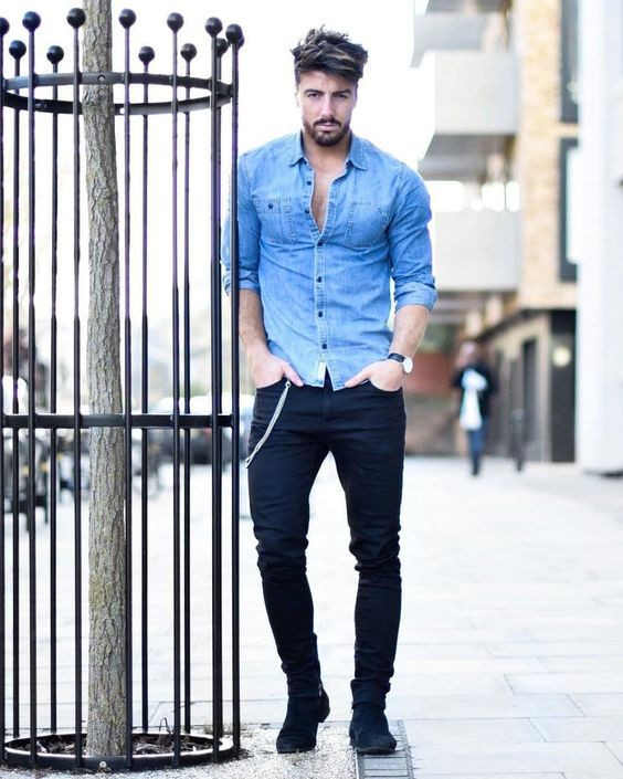 Dark Blue And Navy Jeans, Stylish Fashion Wear With Light Blue Denim Shirt, Jeans: 