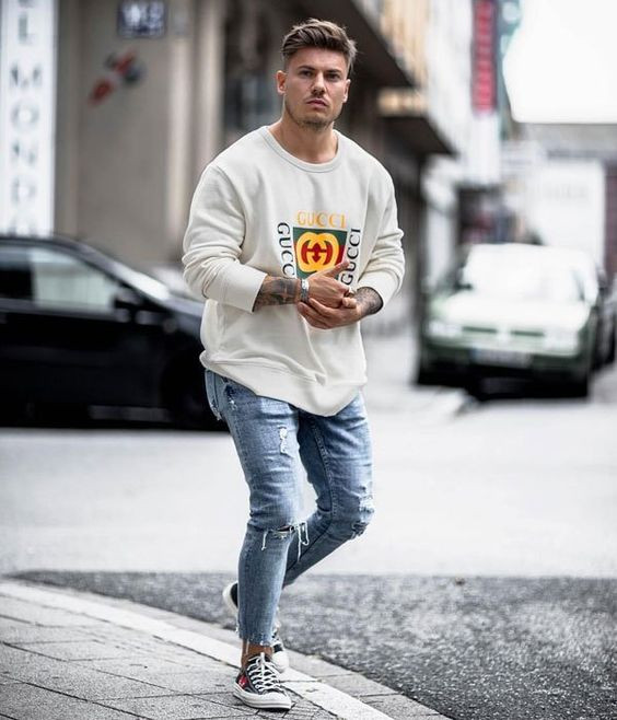 White Sweater, Winter Outfit Designs With Light Blue Jeans, Street Outfits For Guys: 