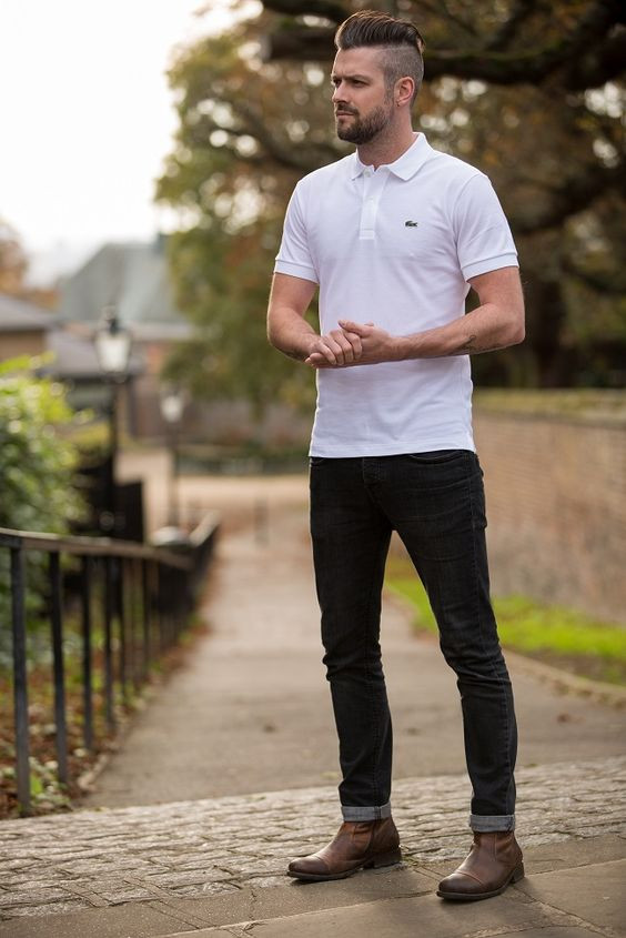 White Polo-shirt, Men's Pastel Outfit Trends With Black Jeans, White Polo Black Jeans: 