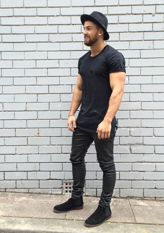 Black T-shirt, Chelsea Boots Clothing Ideas With Black Leather Trouser, Macho Fashion: 