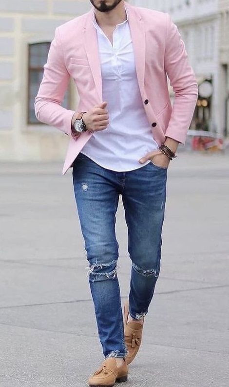 Dark Blue And Navy Jeans, Ripped Jeans Clothing Ideas With Pink Suit Jackets And Tuxedo, Saco Rosa Hombre: 