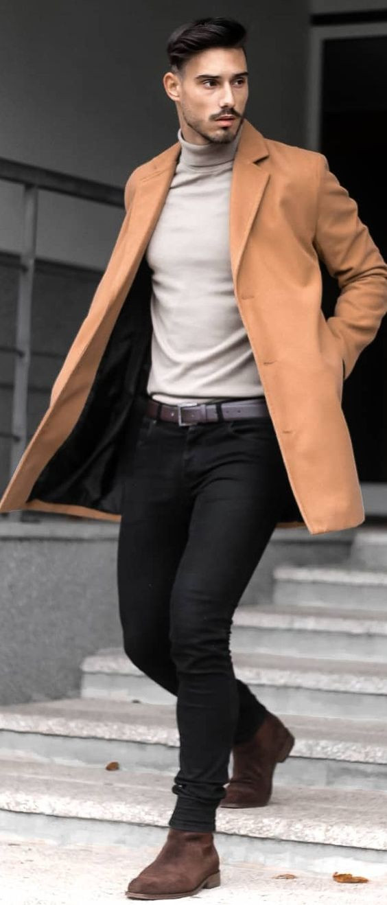 Beige Winter Coat, Turtleneck Wardrobe Ideas With Black Casual Trouser, Fashion Model: 
