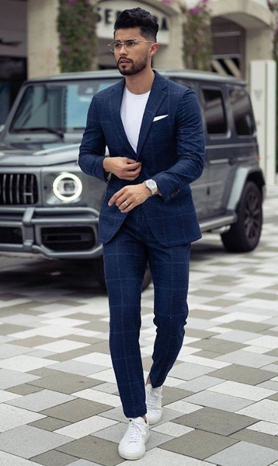 Dark Blue And Navy Suit Jackets Tuxedo, Blazer Attires Ideas With Dark Blue And Navy Formal Trouser, Men's Suit With Sneakers: 