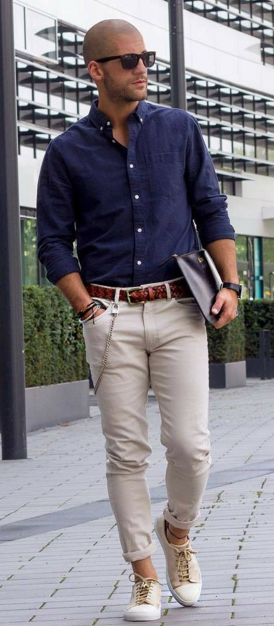 Dark Blue And Navy Denim Shirt, Men Shirts Fashion Wear With Beige Casual Trouser, Summer Men's Chinos Outfit: 