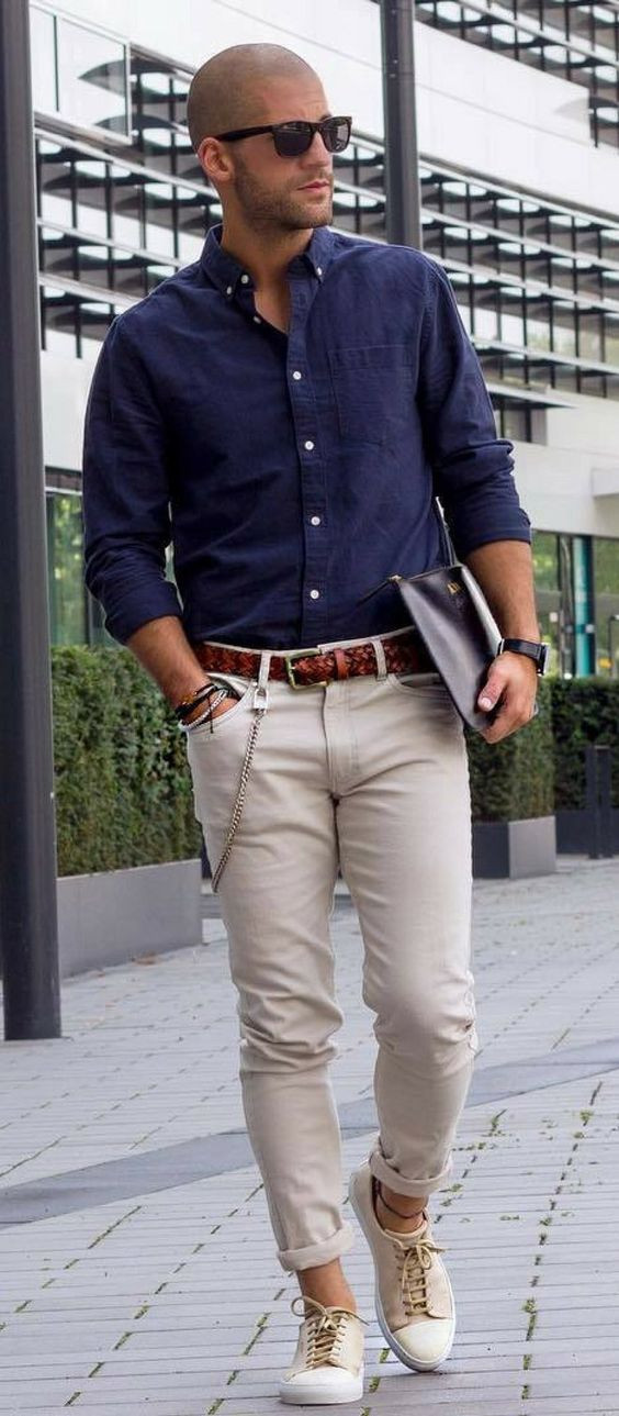 Dark Blue And Navy Denim Shirt, Men Shirts Fashion Wear With Beige ...