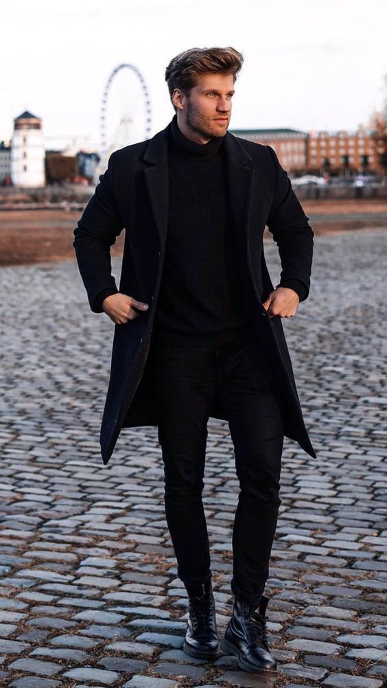 Black Wool Coat, Men's Suit Fashion Ideas With Black Jeans, Monochrome Black Outfit Men: 