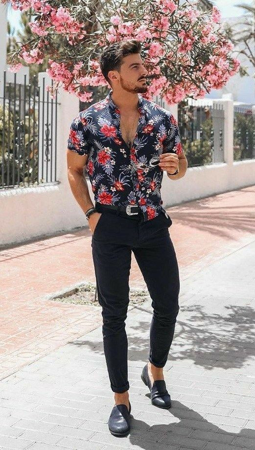 Black Casual Trouser, Fashion Outfits With Shirt, Men's Floral Shirt Outfit: 
