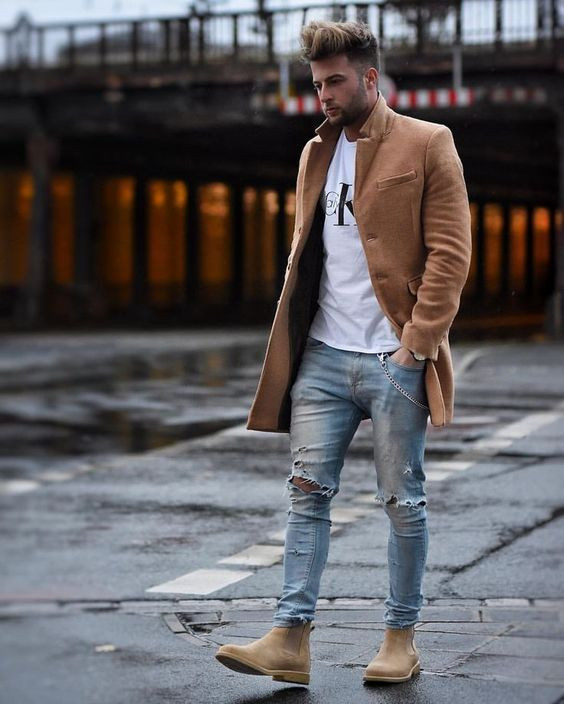 Beige Winter Coat, Chelsea Boots Fashion Trends With Light Blue Casual Trouser, Fashion Chelsea Boots Men: 