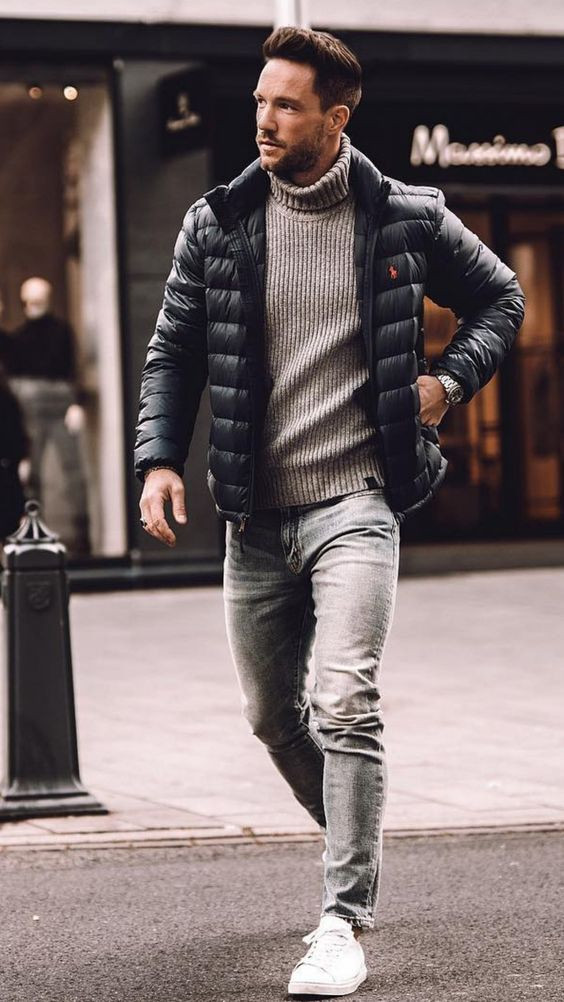 Black Winter Jacket, Turtleneck Outfit Trends With Grey Jeans, Winter Outfit Herren: 