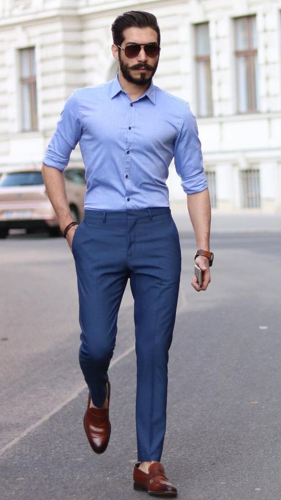 Light Blue Shirt, Men Shirts Outfit Trends With Dark Blue And Navy Formal Trouser, Formal Combination For Men: 