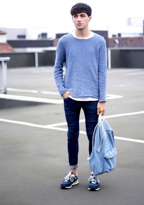 ira autopista espina Light Blue Sweater, Guys School Fashion Trends With Dark Blue And Navy  Casual Trouser, New Balance Outfits Mens | New balance