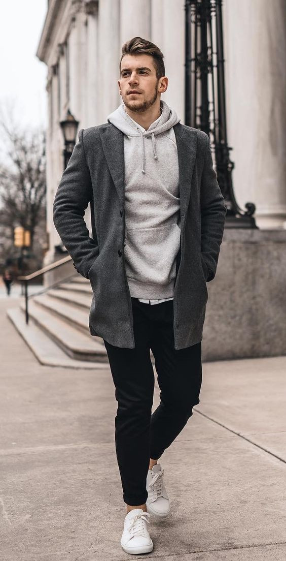 Black Sweat Pant, Wardrobe Ideas With Grey Wool Coat, Winter Hoodie Outfits Men: 