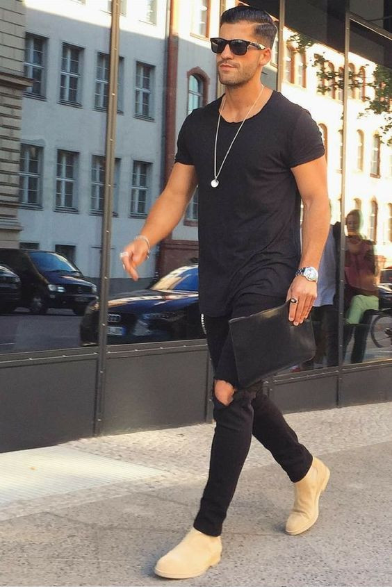 Black T-shirt, Chelsea Boots Fashion Outfits With Black Casual Trouser, Dubai Outfits Men: 
