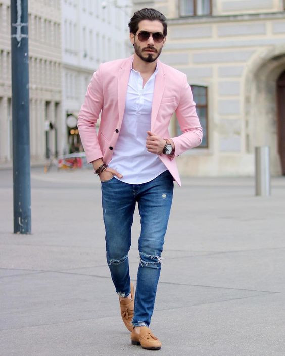 Dark Blue And Navy Jeans, Ripped Jeans Fashion Trends With Pink Suit Jackets And Tuxedo, Blazer Pink Shirt Combination Jeans: 