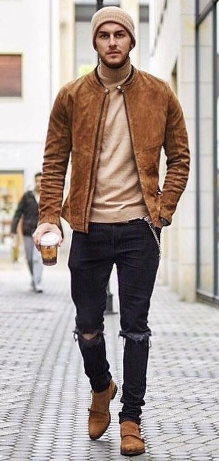Brown Bomber Jacket, Turtleneck Fashion Trends With Dark Blue And Navy Casual Trouser, Tan Turtleneck Outfit Men: 