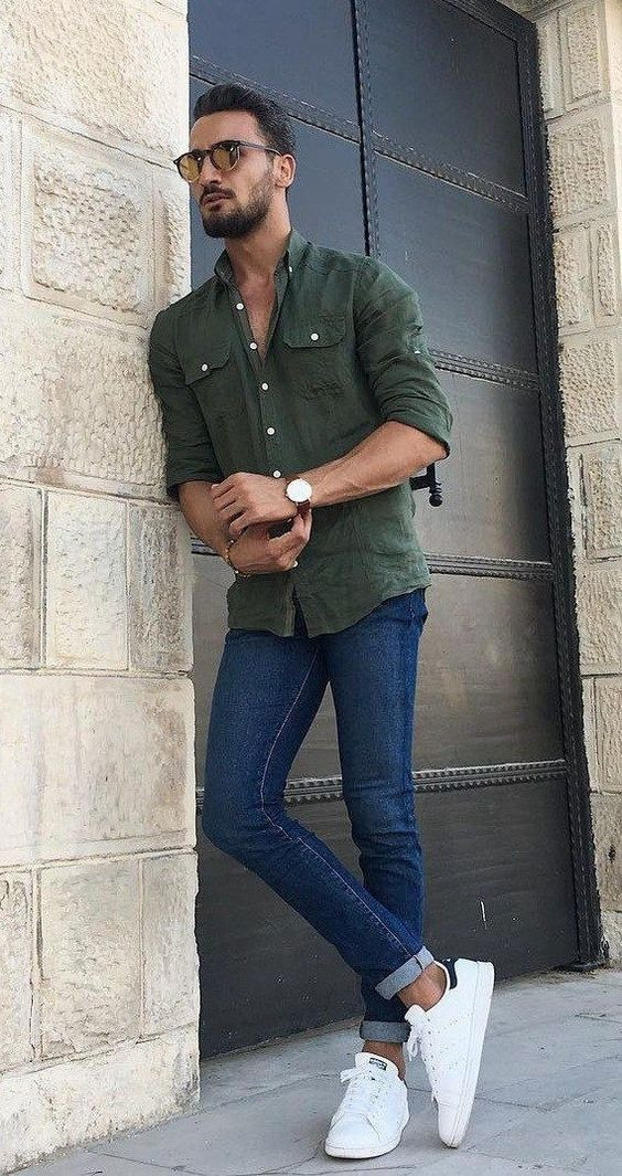 Green Shirt, Men Shirts Outfits Ideas With Dark Blue And Navy Jeans, Dark Green Shirt With Blue Jeans: 