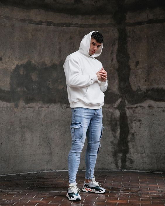 White Hoody, Winter Outfits With Light Blue Jeans, Cool Outfits For Teenage Guys: 