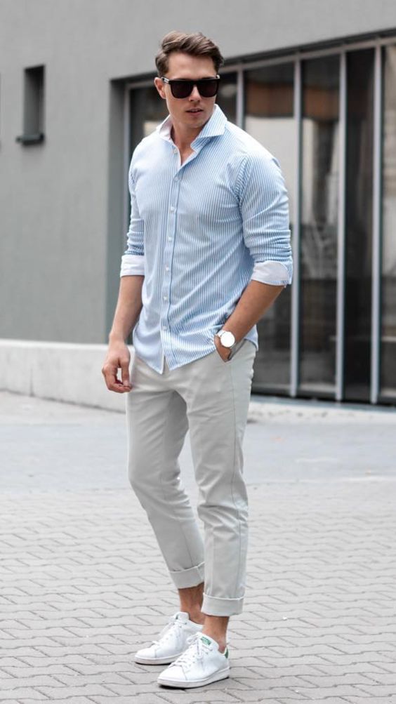 Light Blue Shirt, Men's Pastel Fashion Trends With White Casual Trouser, Men Bottom Wear: 