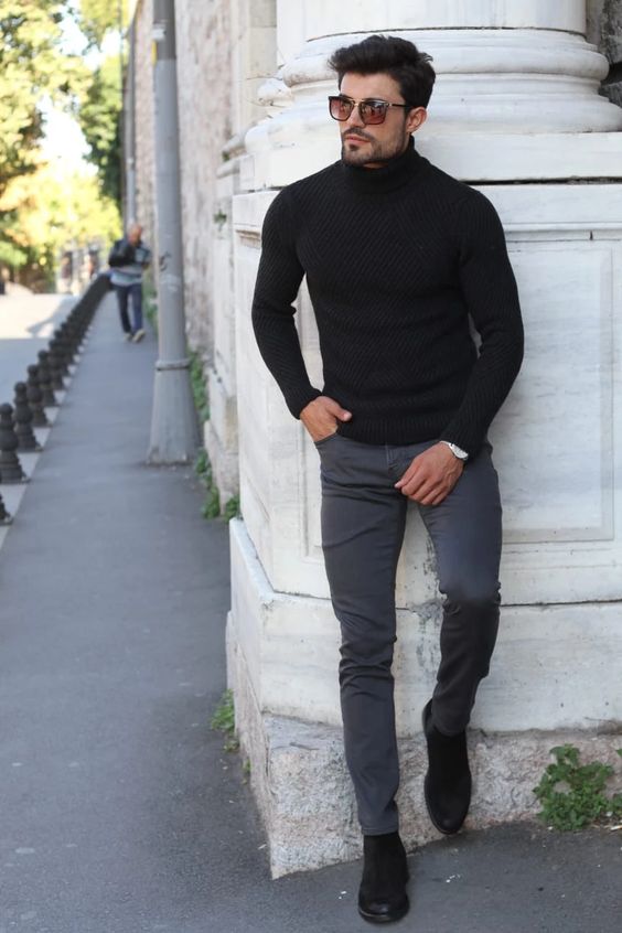 Black Sweater, Chelsea Boots Fashion Wear With Grey Jeans, Turtleneck Men Outfits: 