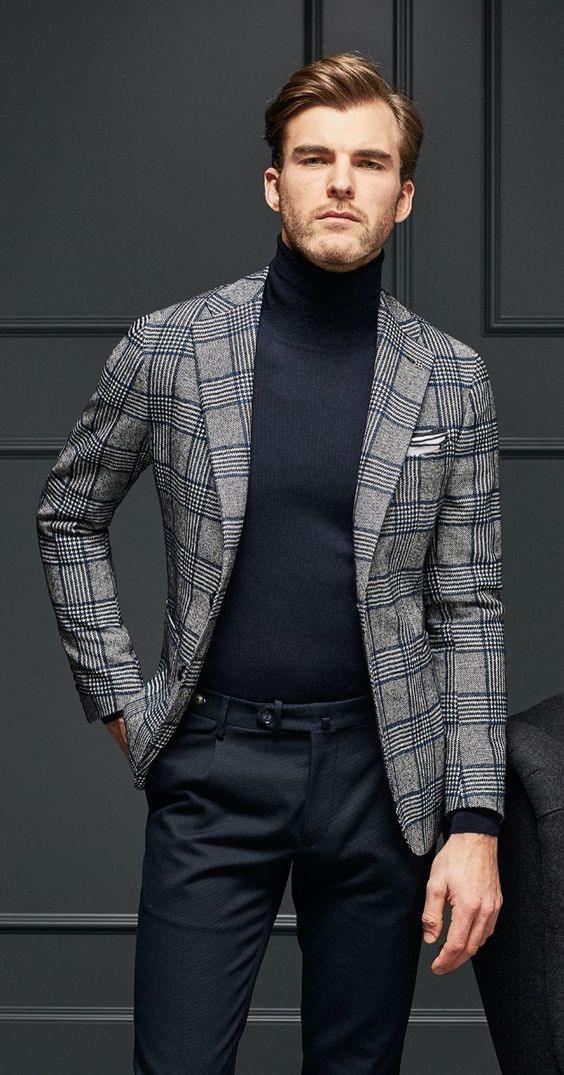 Grey Suit Jackets And Tuxedo, Turtleneck Fashion Outfits With Black Pants, Deep Winter Men: 