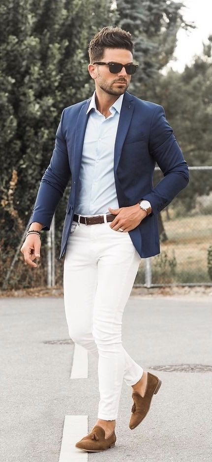 Dark Blue And Navy Suit Jackets Tuxedo, Blazer Outfit Designs With White Jeans, Men's Wedding Outfits: 