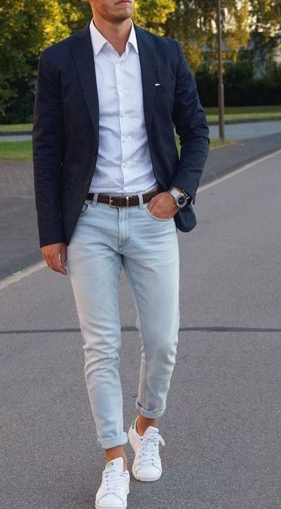 Light Blue Casual Trouser, Stylish Fashion Tips With Dark Blue And Navy  Suit Jackets Tuxedo, Blazer Azul Com Tenis | Dress shirt, casual wear