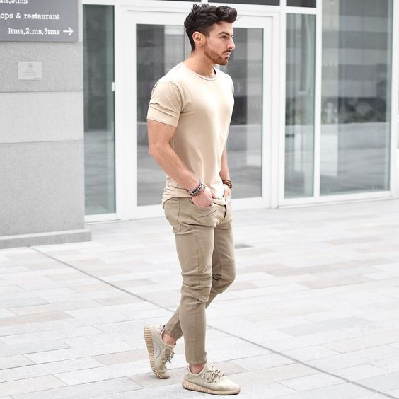 Green Casual Trouser, Men's Joggers Fashion Trends With Beige T-shirt,  Beige Outfit Men | Casual wear, men's clothing