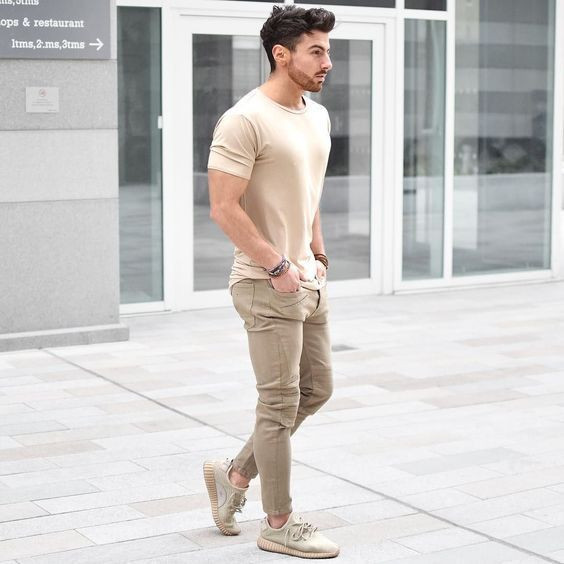 Green Casual Trouser, Men's Joggers Fashion Trends With Beige T-shirt, Beige  Outfit Men | Casual wear, men's clothing