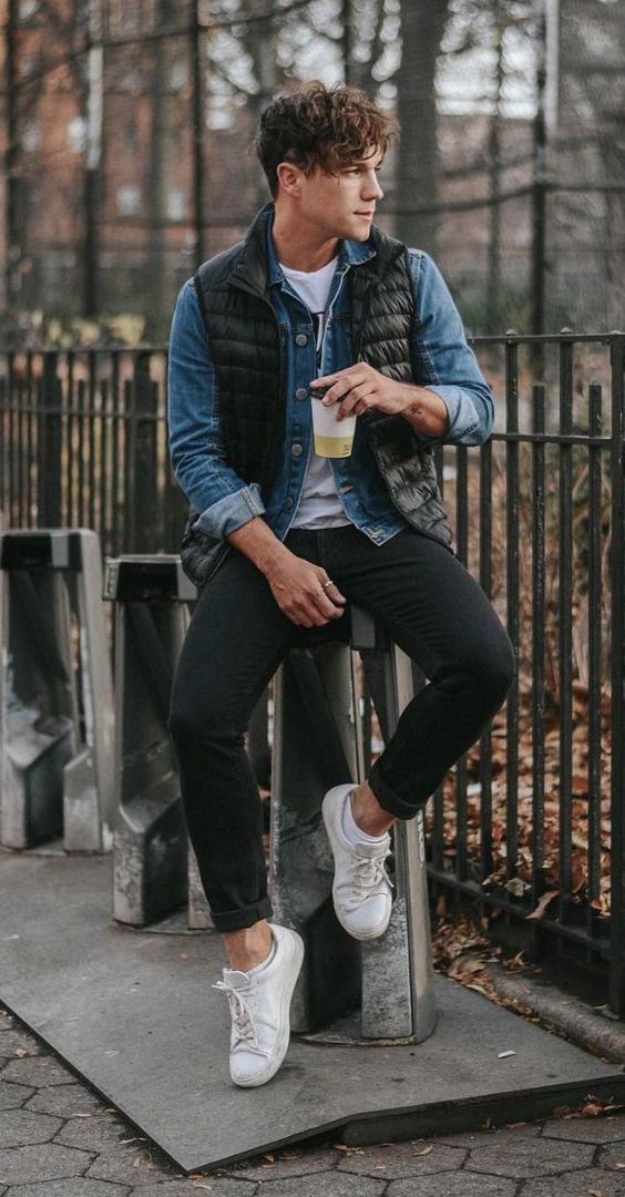 Light Blue Denim Jacket, Camping Fashion Outfits With Black Casual Trouser,  Date Outfit Men | Casual wear, down jacket