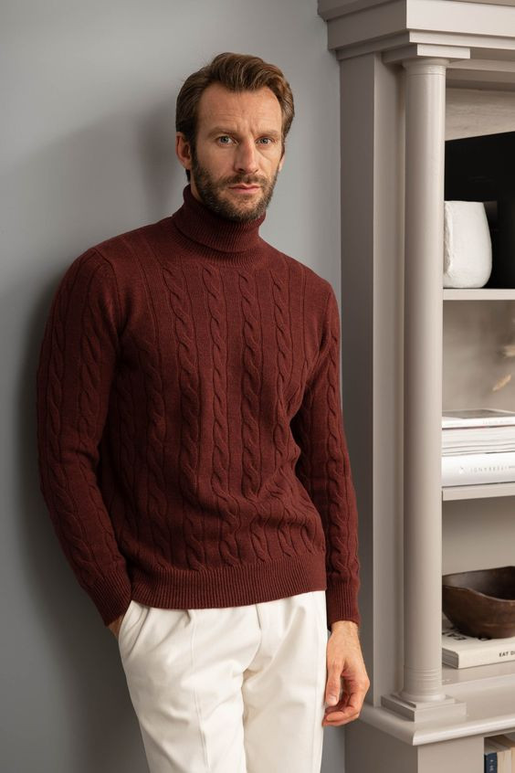 Brown Sweater, Turtleneck Outfits With White Pants, Cashmere Sweater: 