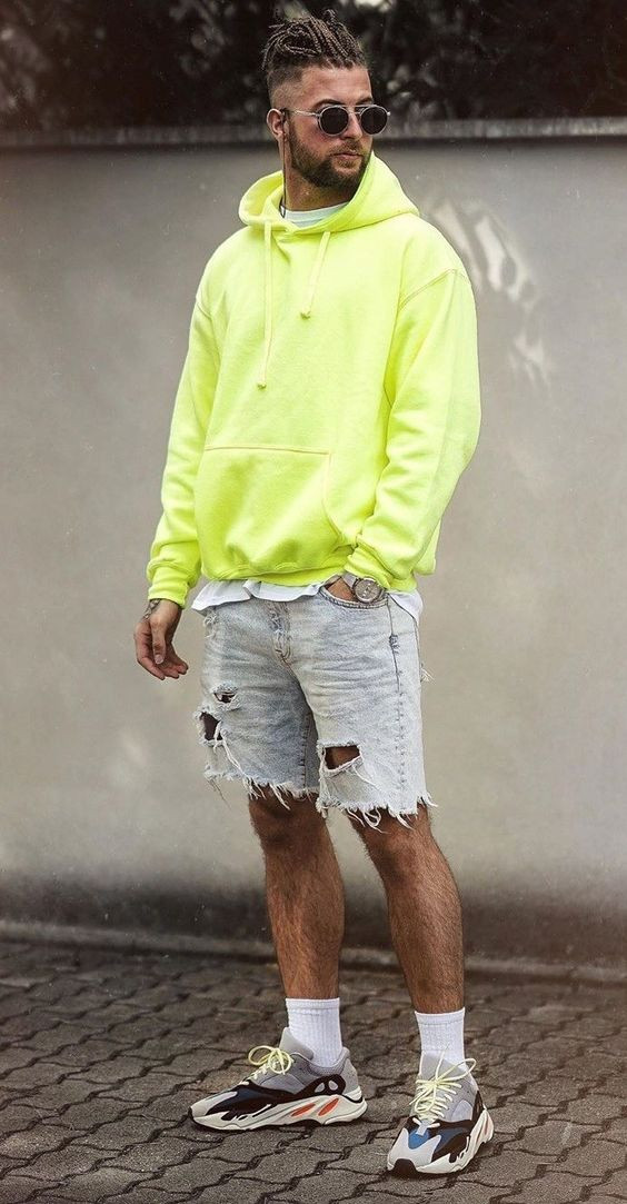 Light Blue Denim Short, Shorts Clothing Ideas With Yellow Hoody, Hoodie And Jean Shorts Men: 