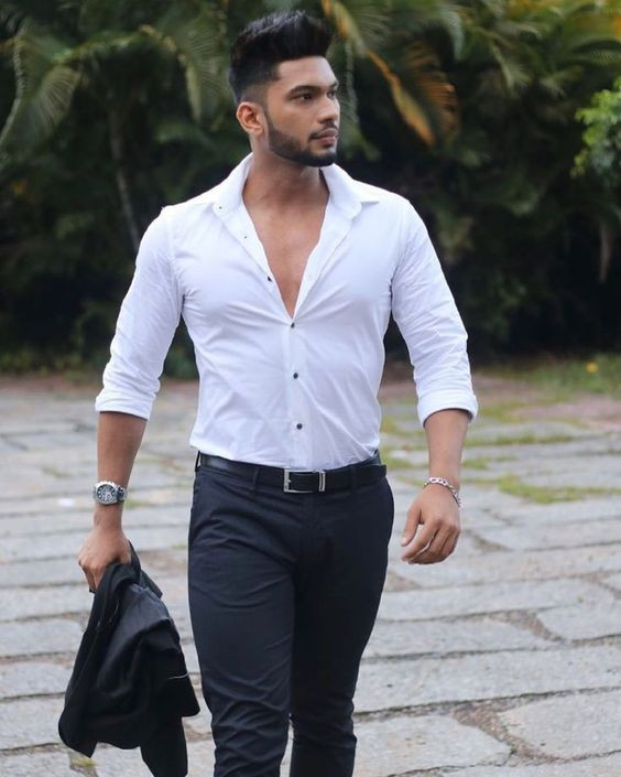 White Shirt, Formal Shirt Fashion Ideas With Black Sweat Pant, Handsome Bodybuilder Outfit: 